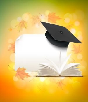 Graduation cap on autumn background with a book. Back to school concept. Vector. 