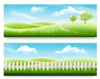 Two nature meadow banners with grass and blue sky. Vector.