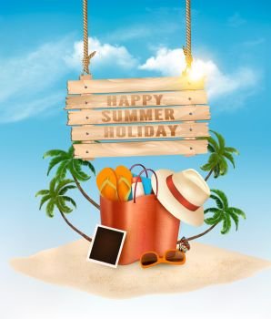 Tropical island with palms, a beach bag and and wooden sign. Vac. Tropical island with palms, a beach bag and and wooden sign. Vacation vector background. Tropical island with palms, a beach bag and and wooden sign. Vacation vector background