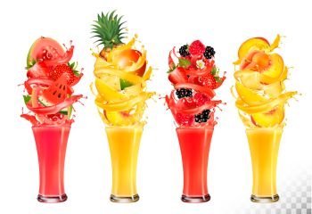 Fruit in juice splashes. Strawberry, guava, watermelon, pineapple, mango, peach, raspberry, blackberry. Vector.