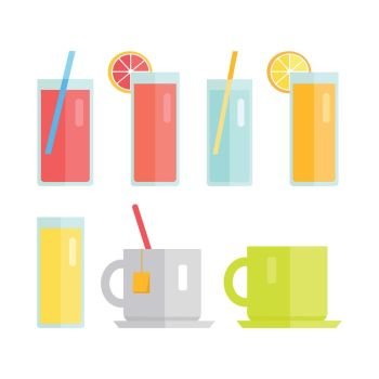 Collection of glasses and cups vector. Flat design. Sweet summer drinks concept. Beverage, water juice tea Illustrations for icons, label, print, logo, menu design, infographics. Isolated on white.. Set of Glasses and Cups with Beverages Vector. 