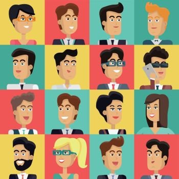 Set of Peoples Faces Vector in Flat Design.. Set of peoples faces vector in flat style. Collection of business characters heads on different colors background. Illustrations for corporate avatars, app icons, infographics, logotype design. 