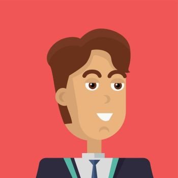 Young Businessman Icon.. Businessman avatar icon isolated on red background. Man with brown hair in business suit and tie. Smiling young man personage. Flat design vector illustration