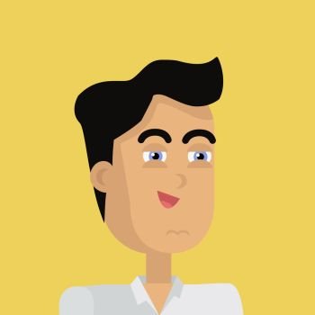 Young Businessman Avatar. Businessman avatar icon isolated on yellow background. Man with black hair in business suit and tie. Smiling young man personage. Flat design vector illustration