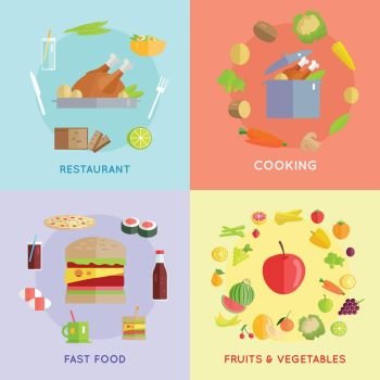 Set of food vector concept in flat style. Collection of fast food, cooking, fruits vegetables, restaurant vector concepts. Illustrations for cafe, grocery, farm, food delivery services ad, menu.. Set of Food Vector Concepts Illustration. 