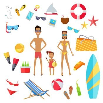 Set of Accessories for the Summer Holidays. Accessories for summer holidays design flat. Ball for beach volleyball, life buoy and flip-flops, sunglasses and inflatable ice cream isolated on white background. Vector illustration. Family at beach