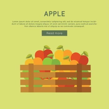 Apple vector web banner. Flat design. Illustration of wooden box full of fresh and ripe fruits on color background for grocery shop, farm, agricultural company web page design. . Apple Vector Web Banner in Flat Style Design. 
