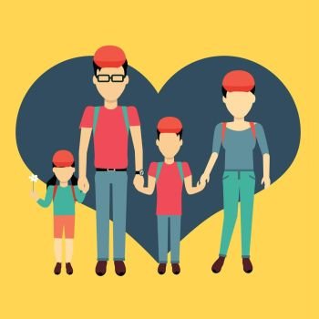 Happy Family Concept Banner Design. Happy family concept banner design flat style. Young family man and a woman with a son and daughter on a travel. Mother and father with child happiness lifestyle, vector illustration
