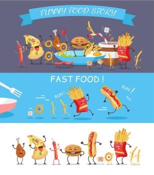 Fast food vector concepts. Flat design. Illustration of french fries, egg, bacon, cheese stick, hot dog, hamburger, chicken, sugar in funny cartoon style story. Image for signboard, icon, infographic. Funny Fast Food Cartoon Vector Illustration.  