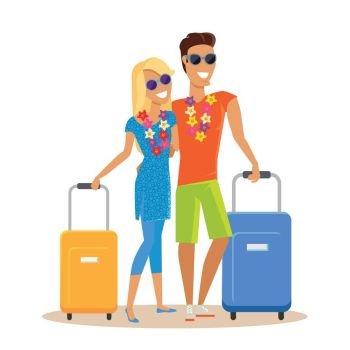 Couple Summer Vacation Travel Illustration. Couple traveling together during summer vacation vector in flat design. Honeymoon in exotic countries concept. Young man and woman with necklace of flowers embracing and holding suitcases. Isolated.