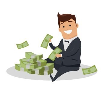 Man Character With Money Vector Illustration. Male character with stack of money vector. Flat style design. Smiling man in business suit sitting near pile of dollar banknotes. Investment, wages, income, credit, savings, charity, wealth concept.
