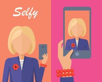 Blonde Woman Making Selfie. Blonde woman in blue jacket making selfie. Young man taking photo with cellphone. Man looking at smartphone and taking selfie. Private character. Vector illustration in flat.