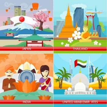 Set of Traveling Concepts in Flat Design.. Set of traveling concepts. Flat design. Collection of Japan, Thailand, India, United Arab Emirates posters. Countries attraction and architecture illustrations. Summer vacation in Asia.