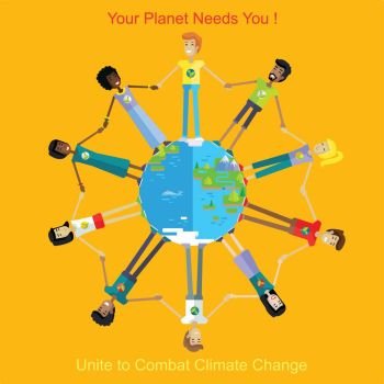 World Environment Day.. Your planet needs you. People holding hands around the planet on yellow background. Globe save earth. Concept design for banner, greeting card, poster in flat. Vector illustration.