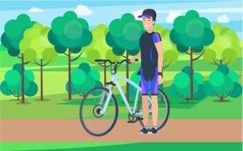 Joyful Athlete on Track with Bicycle Illustration. Joyful athlete wearing cap on countryside track with light blue bicycle in front of lush trees and bushes cartoon vector illustration