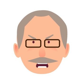 Irritated Facial Expression of Elderly Man Vector. Irritated facial expression of man in flat style on white. Wicked and discontented look of ederly human in black-rimmed glasses opened mouth. Vector illustration of character and face emotions