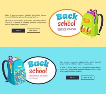Back to School Posters with Open Schoolbag, Books. Back to school posters set with open schoolbags, books inside, side view vector illustration isolated. Rucksacks with pockets and fasteners