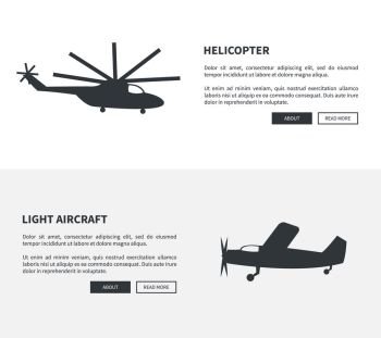 Helicopter and Light Aircraft Set of Black Banners. Helicopter and light aircraft black sihouettes set of web banners with inscription. Vector illustration of plane and type of rotorcraft