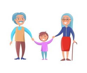 Happy Grandparents Day Senior Couple with Grandson. Old couple walking with grandson holding hands vector illustration isolated on white background. Grandmother with stick and grandpa with moustaches