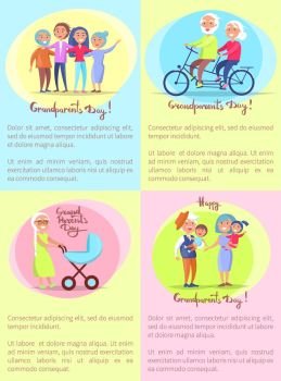 Happy Grandparents Day Senior Couples and Children. Happy grandparents day poster with senior couple riding on bike and having fun with grown up children, taking care about kids vector illustrations set