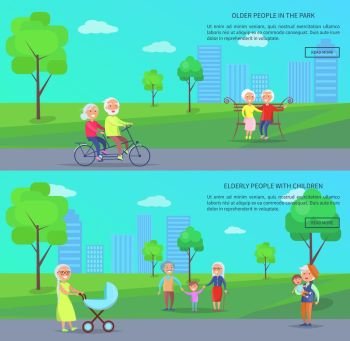Old People in Park Vector Banner of Mature Couples. Old people in park vector banners set senior lady pushing trolley, mature couples riding bike and grandpa holding grandson, on background of skyscrapers