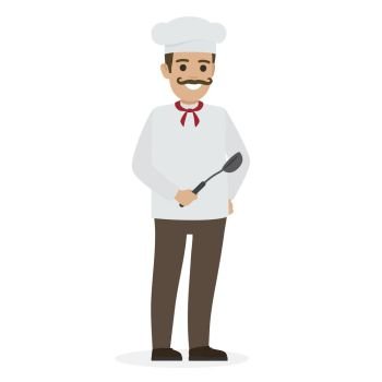 Chef Food in White Tunic and Toque Holds Ladle. Chef food with twisted mustache in white tunic and toque holds black soup ladle close-up isolated on white vector illustration.