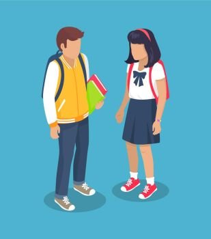 Schoolchildren from Secondary School with Backpack. Schoolchildren from secondary school with backpacks, holding books in hands vector illustration isolated. Pupils cartoon characters with rucksack