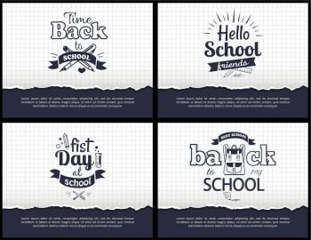 School-Related Set of Black-and-White Stickers. Hello first day back to school related set of black-and-white stickers with inscriptions. Vector illustration of stationery items on checkered background