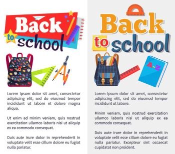 Back to School Set of Stickers on White and Grey. Back to school set of stickers with text isolated on white and grey background. Vector illustration of colourful backpacks, various supplies and blue dictionary