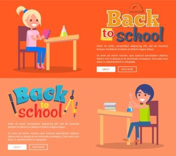 Back to School Posters Set with Girl and Boy. Back to school set of posters with girl doing homework on chemistry and boy drawing picture on wooden easel vector illustrations on blue background with text.