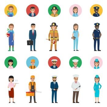 Concept of Professions. Full-length and Round Icon. Vector of policeman and lifesaver, mariner and cook with ladle, stewardess and doctor, manager and builder with tool box, gardene and waiter
