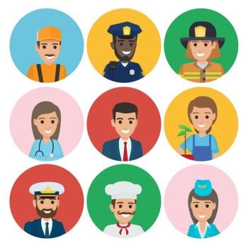People of Different Professions Set of Round Icons. Professions web buttons vector illustrations. Plumber near policeman, firefighter with doctor, businessman gardener and captain, chef and stewardess