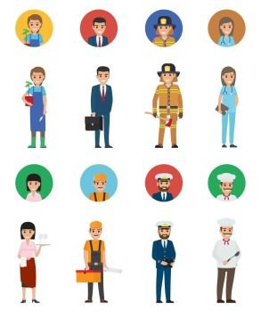 Set of Eight Vocations. Full-length and Round Icon. Set of vocations vector gardener with plant, young manager and lifesaver, doctor woman, waiter with tray, builder and mariner near cook