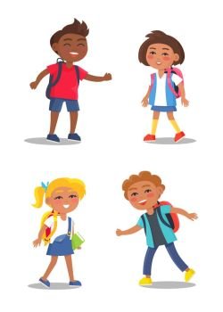 Cheerful School Children Isolated Illustrations. School children in stylish clothes with full rucksacks, educational books isolated vector illustrations set on white background. International pupils