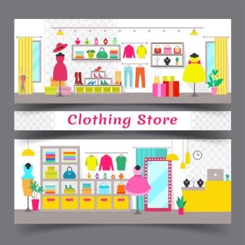 Clothing Store Full of Chic Fashionable Garments. Clothing store with modern interior full of chic fashionable garments and accessories on black mannequins and shelves vector illustrations.