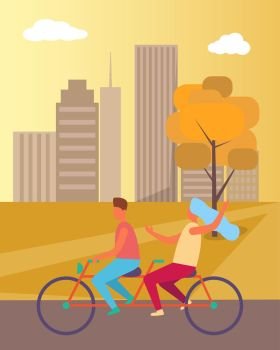 Couple Riding Bicycle in Park Vector Illustration. Couple riding double bicycle in city park in autumn vector illustration of cityscape with high buildings and clouds in sky background