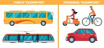 Public Transport versus Personal Transport. Public and personal transport represented by train, yellow bus, moped with bicycle and car. Vector illustration of different types of city transport