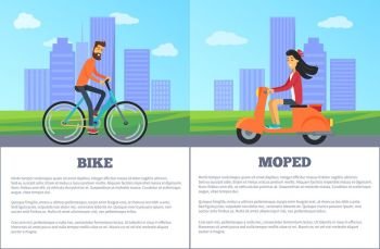 Bike versus Moped Comparing Vector Illustration. Bike and moped comparing of two personal types of transport. Vector illustration with bicyclist and girl on scooter on city background