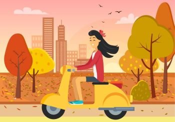 Woman Driving Scooter in Autumn City Park. Female riding yellow moped in autumn town park. Vector illustration of girl on scooter surrounded by yellow golden trees with buildings in distance
