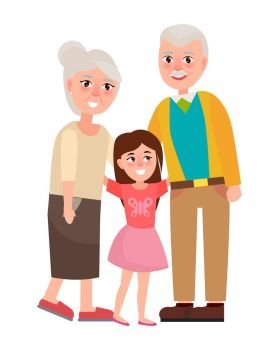Senior Grandparents with Granddaughter Isolated. Grandparents with granddaughter vector illustration isolated on white. Happy senior couple together with young girl vector illustration in flat style