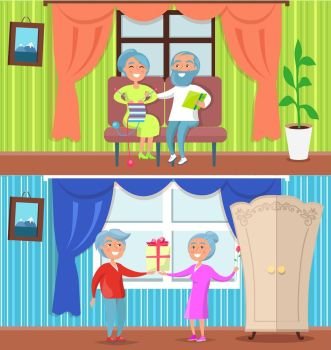Happy Older People at Home Set of Illustrations. Happy older people at home set of vector illustrations. Couples spending time together in their cosy houses. Husband and wife exchanging presents