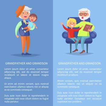 Grandfather and Grandson Set of Posters with Men. Grandfather and grandson set of posters with senior man reading book to grandson sitting together in armchair and mature dad holds boy on hands vector