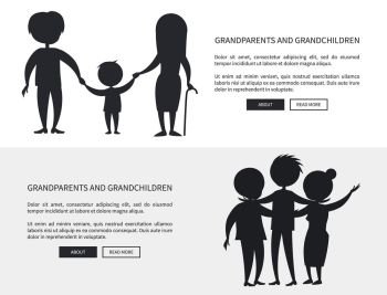 Grandparents and Grandson Little and Grown up Set. Grandparents and grandson little and grown up set of web posters black silhouettes. Senior couple walking with grandchild boy holding hands vector