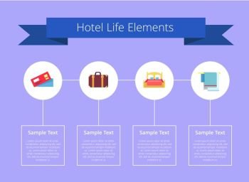 Hotel Life Elements and Text Vector Illustration. Hotel life elements written on blue ribbon, with icons of cards, baggage and bed, as well as towels, with text vector illustration