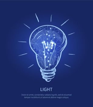Light Electric Bulb and Text Vector Illustration. Light icon, picture of electric bulb illuminating bluish light and lines around it, text and title placed below lamp vector illustration