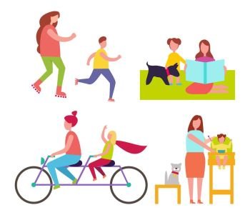 Mothers and Children Collection of Illustrations. Mothers and children collection of isolated vector illustrations on white background. Female parents spending leisure time with young kids and pets