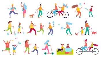 Active Relaxation Vector Illustration on White. Active relaxation of different people, spending time with useful purpose which is staying healthy vector illustration on white background