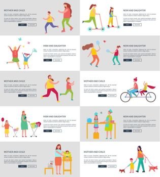 Mom and Children Web Page Vector Illustration. Mom and children activities web page consisting of image of people in motion and sample text, headline and buttons vector illustration