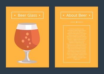Beer Glass Collection of Posters with Inscription. Beer glass collection of posters with detailed information about drink. Vector illustration of snifter containing alcoholic beverage