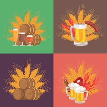 Four Sets of Beer Composition Vector Illustration. Four sets of beer composition vector illustration on green, brown and red backgrounds including glass of beer, ear of wheat, snacks.